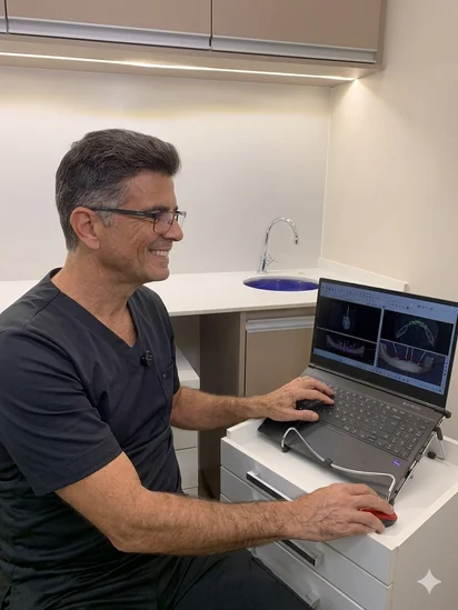 Planejamento digital de Prótese Protocolo mostrando o posicionamento de implantes na Odontoclinic Vila Mariana.